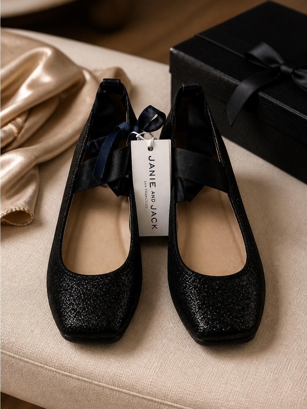 Janie and Jack Black Glitter Ribbon Ballet Flats